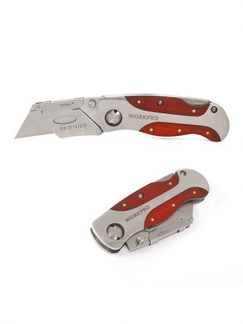 Ножи пистолетные WORKPRO Нож строительный складной, нержавеющая сталь со вставками из красного дерева