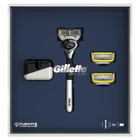 Подарочный набор Gillette Fusion5 ProShield ограниченная серия с хромированной ручкой (Бритва + 3 сменных кассеты + Подставка)