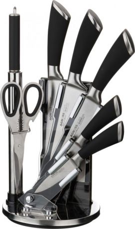 Набор кухонных ножей AGNESS, 8 предметов, с подставкой, черные ручки
