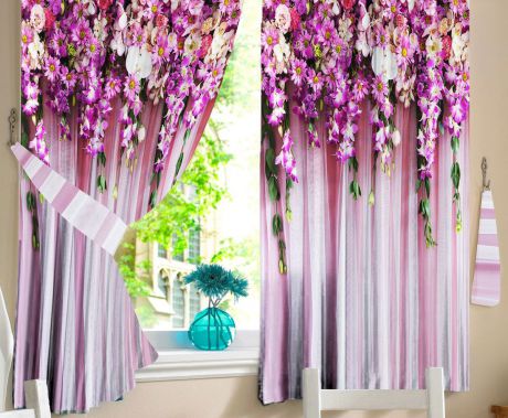 Комплект штор для кухни Zlata Korunka "Ламбрекен из цветов", на ленте, цвет: фиолетовый, высота 160 см