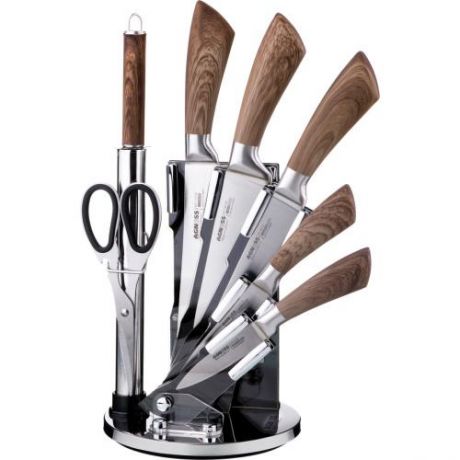 Набор кухонных ножей AGNESS, 8 предметов, с подставкой, коричневые ручки