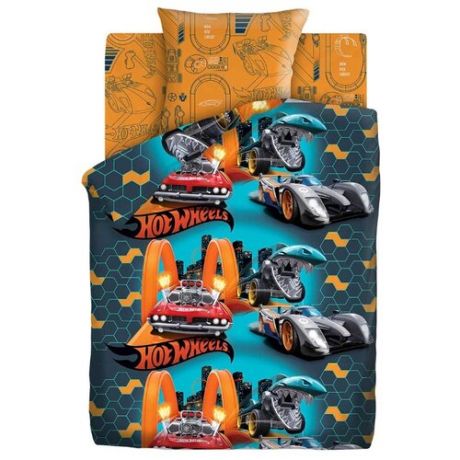 Постельное белье 1.5-спальное Непоседа Hot Wheels Скорость,бязь, 70 х 70 см оранжевый/синий