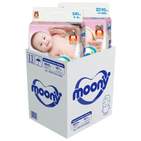 Moony подгузники NB (до 5 кг) 90 шт., S (4-8 кг) 81 шт.