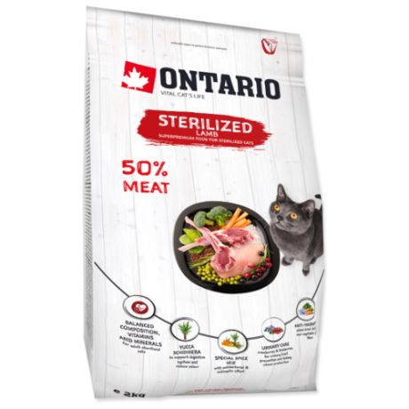 Сухой корм для стерилизованных кошек Ontario с ягненком 2 кг