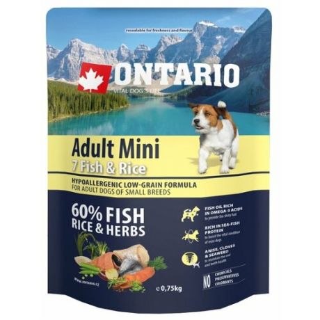Сухой корм для собак Ontario (0.75 кг) Adult Mini 7 Fish & Rice 750г (для мелких пород)