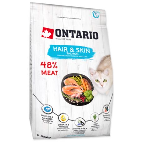 Сухой корм для кошек Ontario для здоровья кожи и блеска шерсти, с лососем 400 г