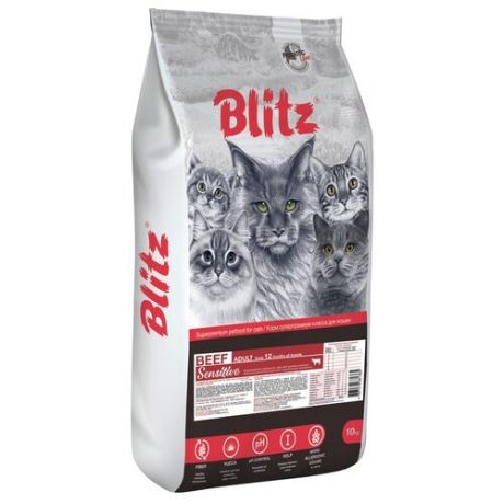 Сухой корм для кошек Blitz Sensitive, при чувствительном пищеварении, с говядиной 10 кг