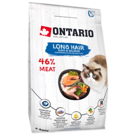 Сухой корм для длинношерстных кошек Ontario с уткой и лососем 400 г