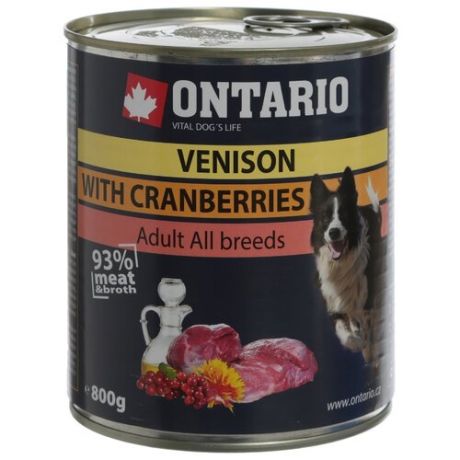 Влажный корм для собак Ontario беззерновой, оленина, с клюквой 800г