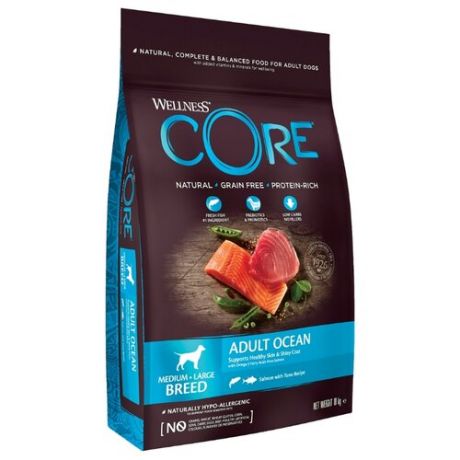 Сухой корм для собак Wellness CORE Ocean, беззерновой, лосось, тунец 10 кг
