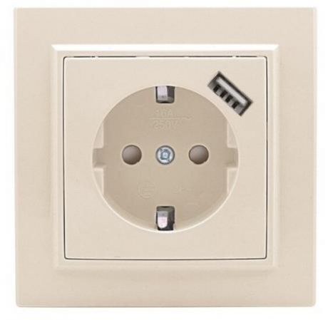 EKF ERR16-028-200-USB Розетка 1-местная СП с/з Минск 16А бежевая с защ. штор. с USB 1А EKF