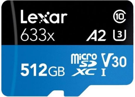 LEXAR 512GB High-Performance 633x microSDXC UHS-I, up to 100MB/s read 70MB/s write C10 A2 V30 U3, Global