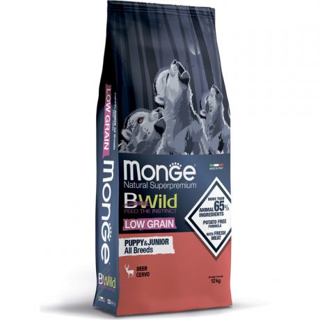 Сухой корм Monge Dog BWild LOW GRAIN Puppy & junior низкозерновой из мяса оленя для щенков всех пород 12 кг