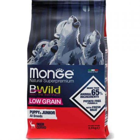 Сухой корм Monge Dog BWild LOW GRAIN Puppy & junior низкозерновой из мяса оленя для щенков всех пород 2,5 кг