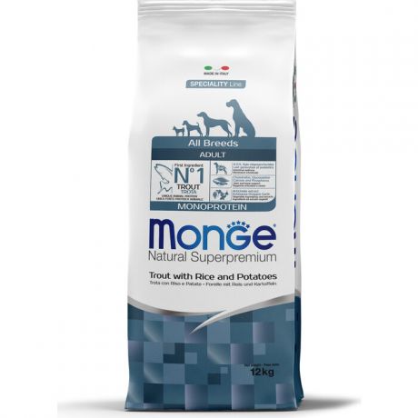 Сухой корм Monge Dog Monoprotein для собак всех пород форель с рисом и картофелем 12 кг
