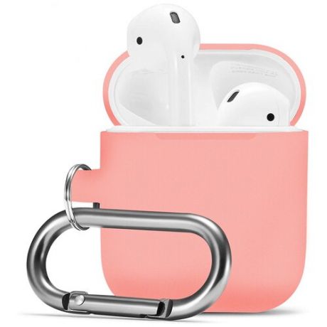 Защитный чехол для Apple AirPods 2 и Airpods 1 с карабином / Силиконовый чехол на Аирподс 2 и Аирподс 1 / Тонкий чехол для беспроводных Bluetooth блютуз наушников (Pink)