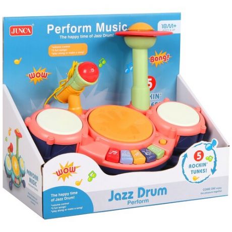 Игрушка детская развивающая музыкальная Барабанная установка с микрофоном JUNCA, на батарейках, свет, звук, интерактивная игрушка для малышей, развивает слух, моторику, память, цвет розовый, в/к 32*28*18см