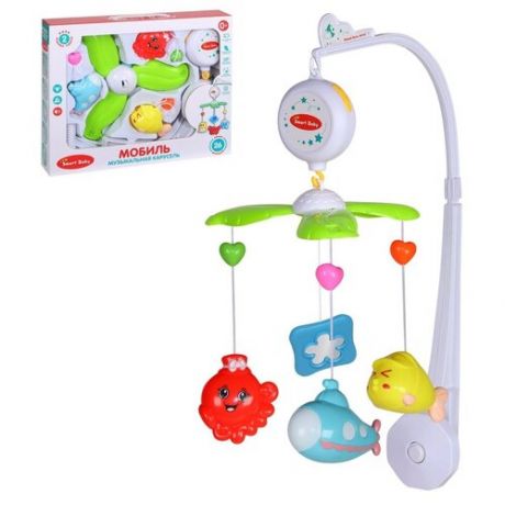 Детская карусель Мобиль на кроватку TM Smart Baby, музыкальная, развивающая, на батарейках, колыбельные, крепление на кроватку, для малышей, игрушка детская для сна, пластиковые игрушки-подвески, цвет белый, 36 x 6 x 29 см