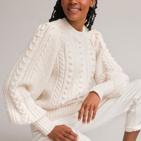 Пуловер LaRedoute Пуловер С круглым вырезом широкими рукавами и фантазийным узором XL белый