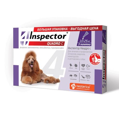 Капли для собак INSPECTOR Quadro от внешних и внутренних паразитов (10-25кг) 3 пипетки