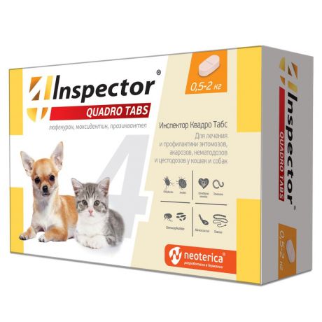 Таблетки для кошек и собак INSPECTOR Quadro Tabs 0,5-2кг от внешних и внутренних паразитов