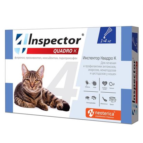 Капли для кошек INSPECTOR Quadro от внешних и внутренних паразитов (1-4кг) 1 пипетка
