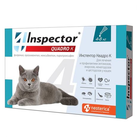 Капли для кошек INSPECTOR Quadro от внешних и внутренних паразитов (от 4-8кг) 1 пипетка