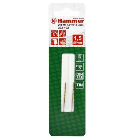 Сверло по металлу Hammer 202-102 DR MT, 2шт, 1, 5мм*40/18мм, DIN338, HSS-G, TIN
