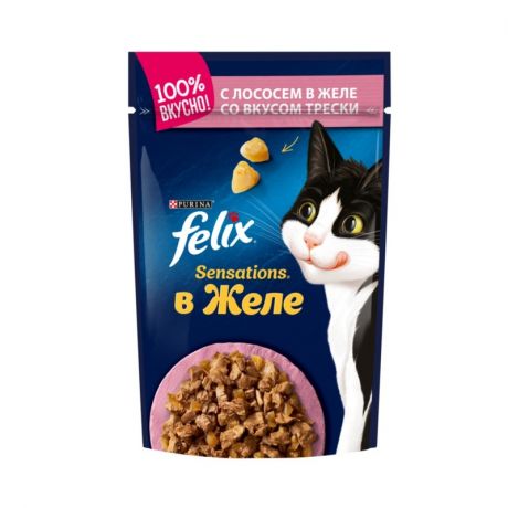 Felix Felix Sensations влажный корм для кошек, с лососем со вкусом трески, кусочки в желе, в паучах - 85 г