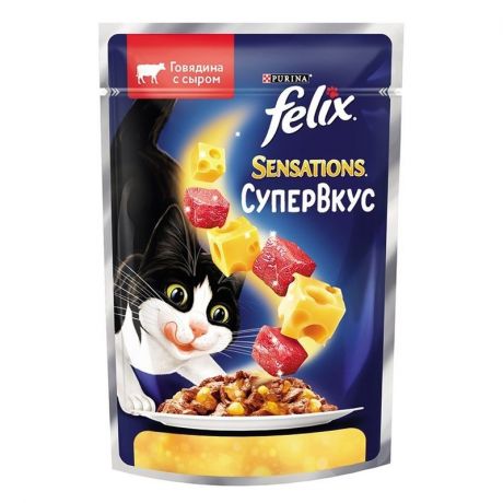 Felix Felix Sensations Супервкус влажный корм для кошек, с говядиной и сыром, кусочки в желе, в паучах - 75 г