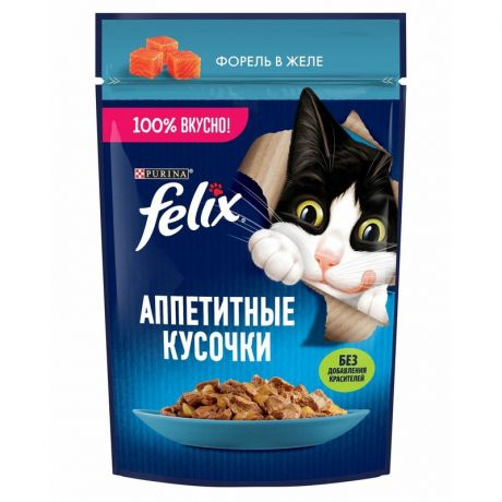 Felix Felix Аппетитные кусочки влажный корм для кошек, с форелью, кусочки в желе, в паучах - 75 г