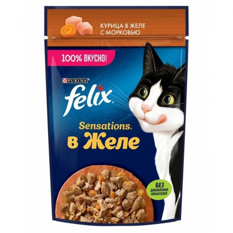 Felix Felix Sensations влажный корм для кошек, с курицей и морковью, кусочки в желе, в паучах - 75 г