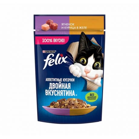 Felix Felix влажный корм для взрослых кошек, с ягненком и курицей, в желе, в паучах - 75 г