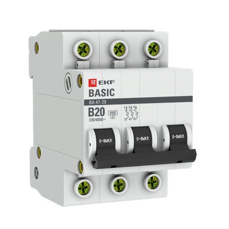 Автоматический выключатель EKF (mcb4729-3-20-B) 3P 20А тип В 4,5 кА 230 В на DIN-рейку