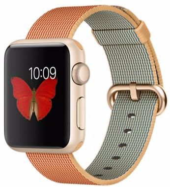 Часы Apple Watch Sport 38 мм, золотистый алюминий, ремешок из плетёного нейлона цвета «золотистый/красный»