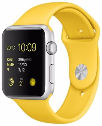 Часы Apple Watch Sport 42 мм, серебристый алюминий, спортивный ремешок жёлтого цвета