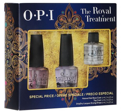 OPI набор The Royal Treatment: базовое покрытие 15мл, покрытие закрепляющее 15 мл, капли-сушка 9 мл