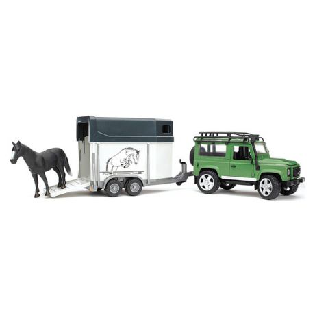Bruder Land Rover Defender с прицепом-коневозкой и лошадью Bruder (Брудер)