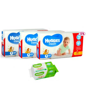 Huggies Классик 4 7-18 кг 150 шт (3 упаковки) и салфетки