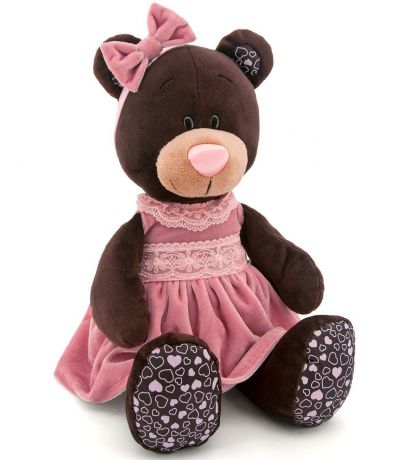 Оранж Медведь Milk в розовом бархатном платье 25 см