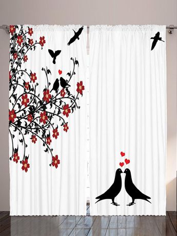 Magic Lady Комплект фотоштор "Чёрные голуби, красные цветы, ветки и листья на белом фоне ", 290*265 см