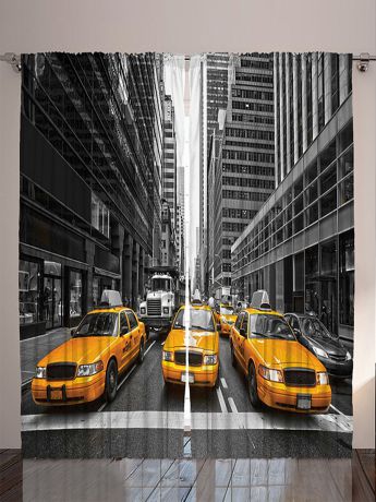 Magic Lady Комплект фотоштор "Жёлтое такси в Нью-Йорке, оранжевый вечер, облака в голубом небе", 290x265 см
