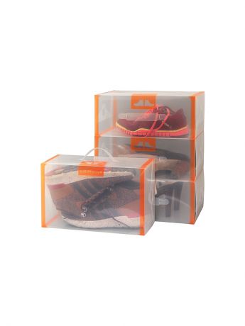 EL CASA Набор 4 коробок для хранения мужской обуви "Прозрачные с оранжевой каймой"