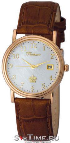 Platinor Мужские золотые наручные часы Platinor 50650.305 коричневый ремешок