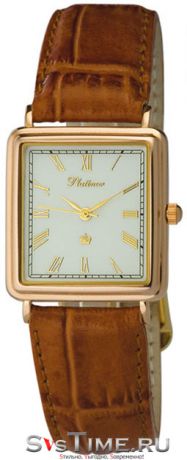 Platinor Мужские золотые наручные часы Platinor 54950.115 коричневый ремешок