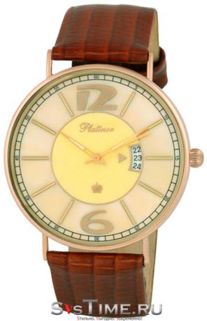 Platinor Мужские золотые наручные часы Platinor 56750.413 коричневый ремешок