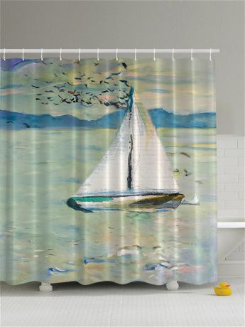 Magic Lady Фотоштора для ванной "Корабль в бирюзовом озере, лодка на фоне Солнца, Ноев ковчег ", 180*200 см