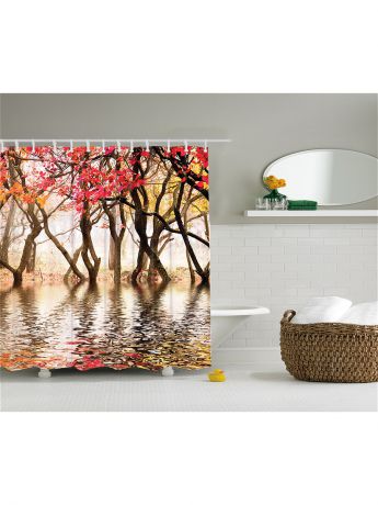 Magic Lady Фотоштора для ванной "Разноцветные зонтики, фиолетовые орхидеи, жёлто-красные деревья, ракушка на п