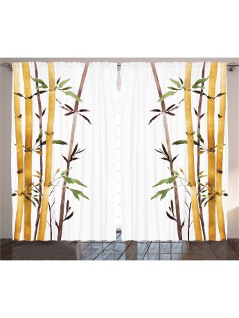 Magic Lady Комплект фотоштор "Жёлтые-коричневые стебли бамбука и зелёные листья на белом фоне", 290*265 см