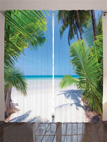 Magic Lady Комплект фотоштор "Зелёные пальмовые листья, белый песок, бирюзовое море, пляжный отдых", 290*265 см